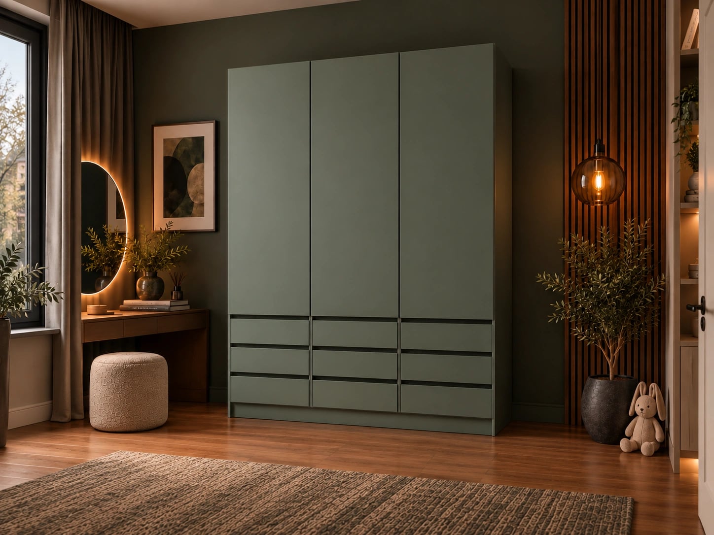 Шкаф в приглушённом зелёном оттенке с фотопечатью на задней стенке